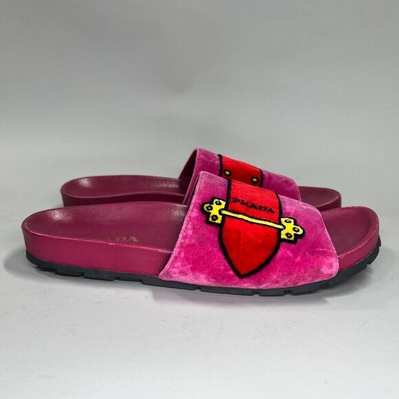 Prada Slides Velvet Belt Sandals Women's Size EU 39.5 / US 8.5 Pink Red … - Picture 1 of 13